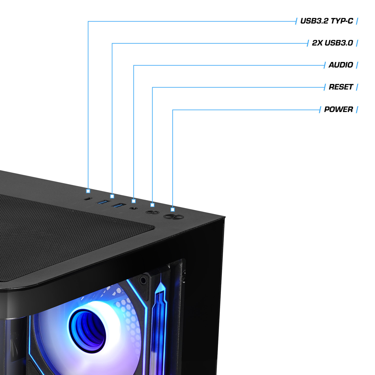 PC-Gehäuse mit oberem I/O-Panel, USB-C, USB 3.0, Audio, Reset und Power-Tasten.