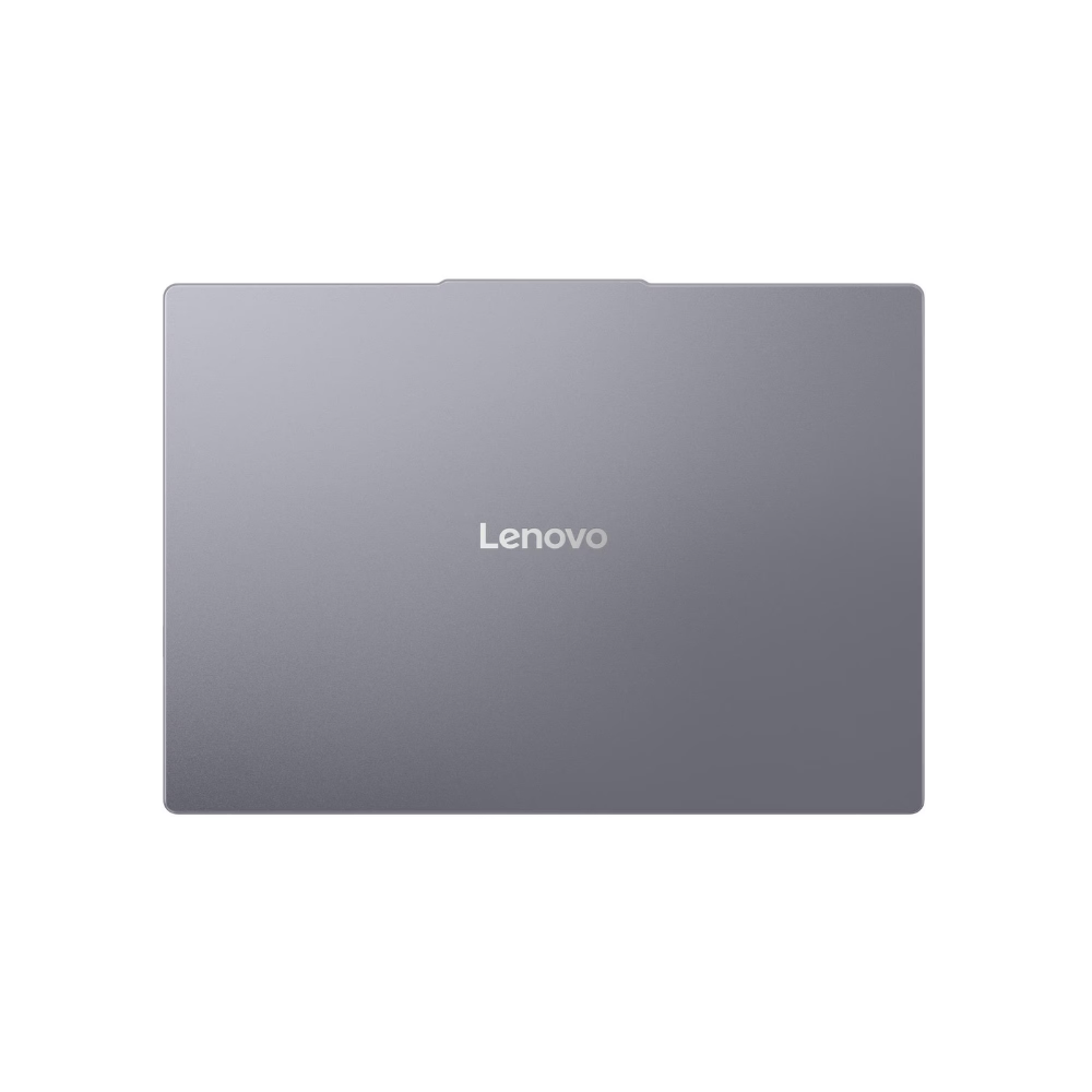 Düz beyaz arka plan üzerinde ortalanmış gümüş logolu kapalı gri renkli Lenovo dizüstü bilgisayar kapağı.
