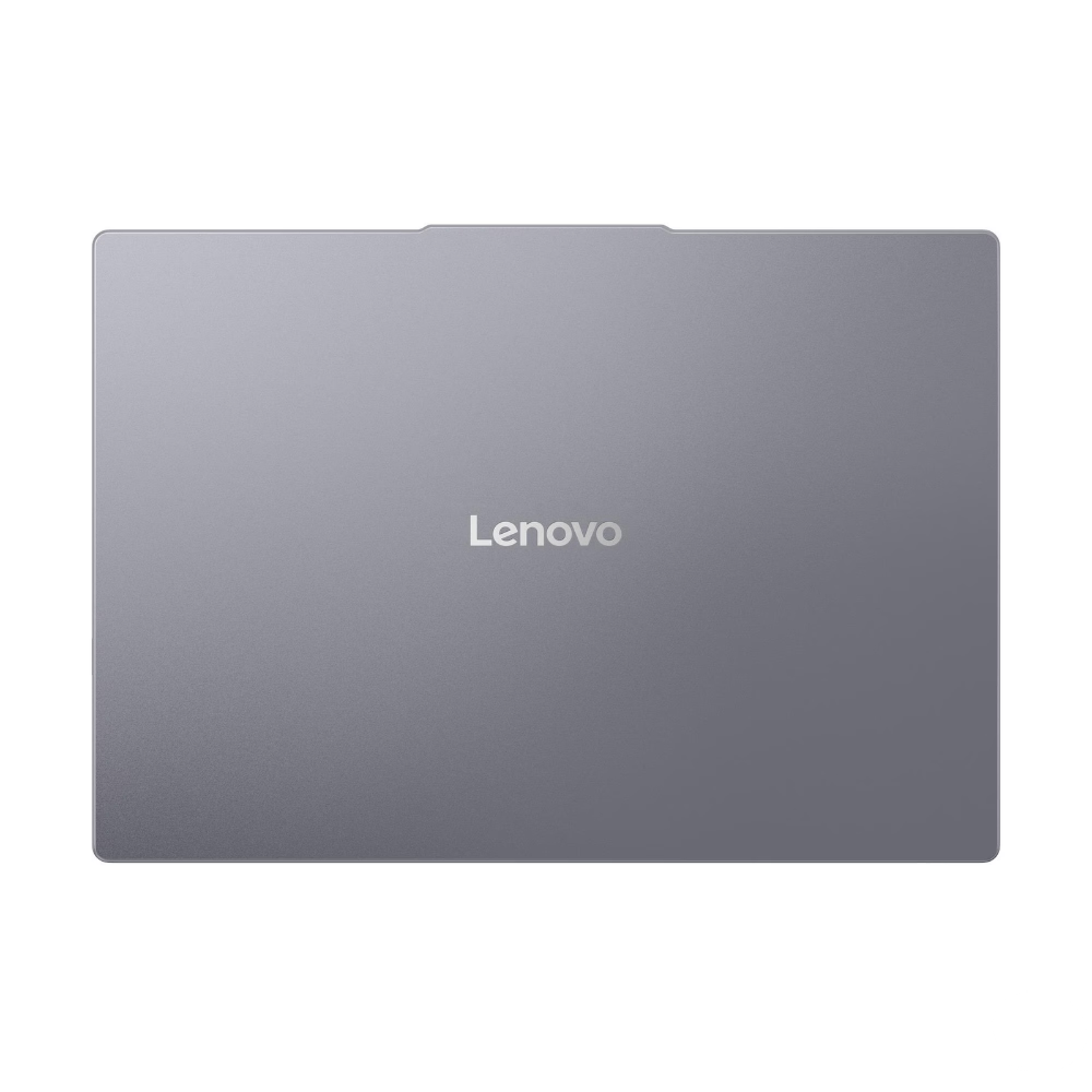Kapalı gri dizüstü bilgisayar kapağında ortalanmış gümüş Lenovo logosu bulunur.