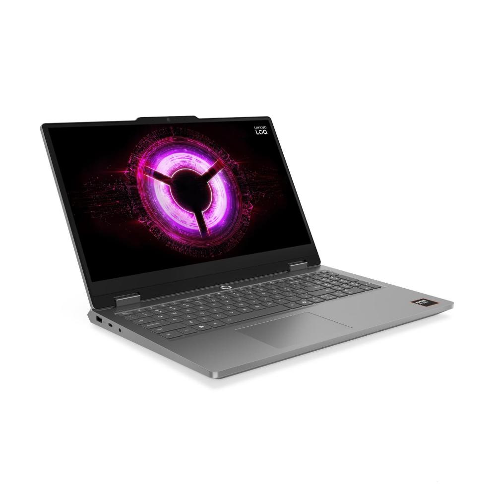 Beyaz arka planda açık duran gri renkli Lenovo LOQ oyuncu dizüstü bilgisayarı ve mor-siyah soyut duvar kağıdı.