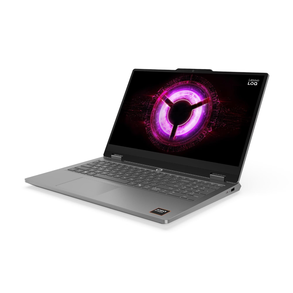 Beyaz arka plan üzerinde aydınlatmalı ekranlı gri Lenovo LOQ dizüstü bilgisayar.