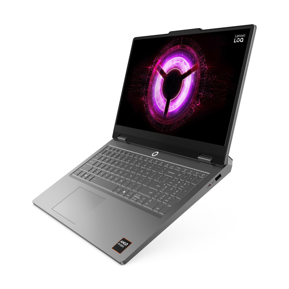 Canlı pembe soyut ekran arka planına ve aydınlatmalı klavyeye sahip gri bir Lenovo LOQ dizüstü bilgisayar.