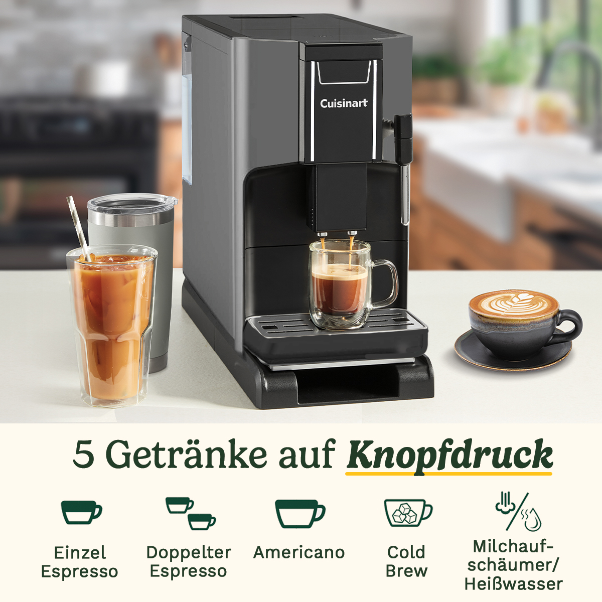 Cafetera Cuisinart gris en la encimera con varias bebidas de café, tazas e iconos de funciones.