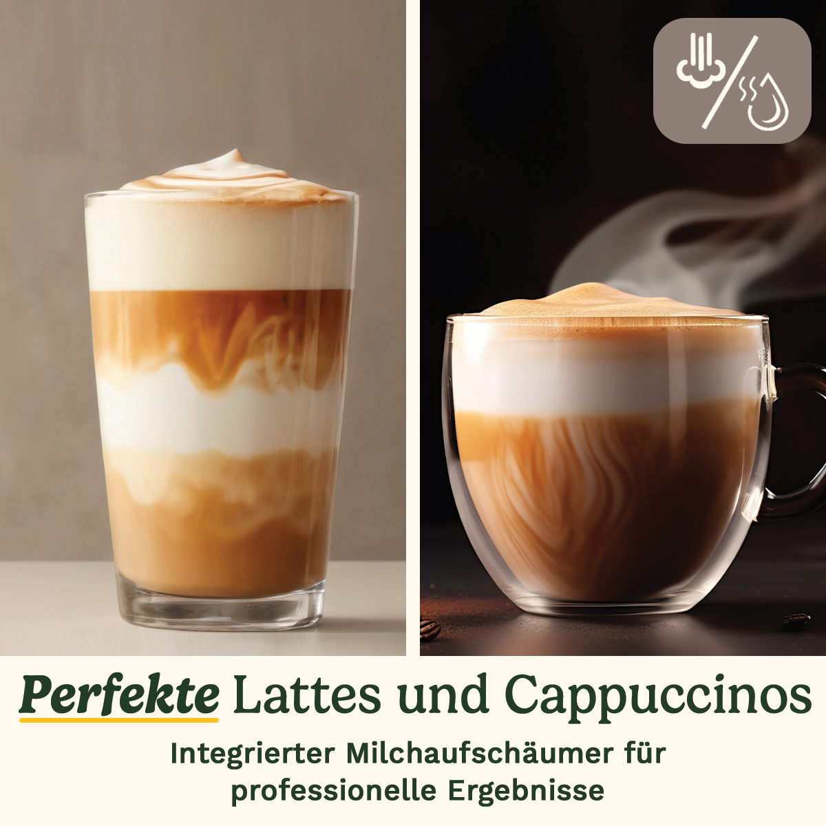 Un vaso de latte macchiato y una taza de capuchino con espuma, y texto sobre espumadores.
