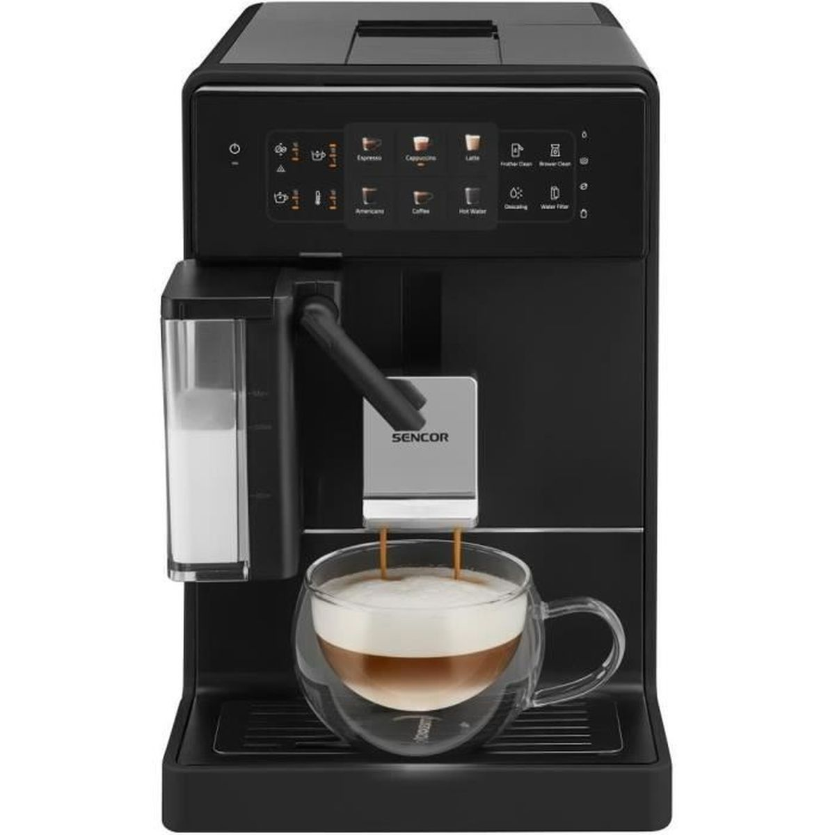 Una macchina da caffè Sencor nera eroga caffè in una tazza trasparente.