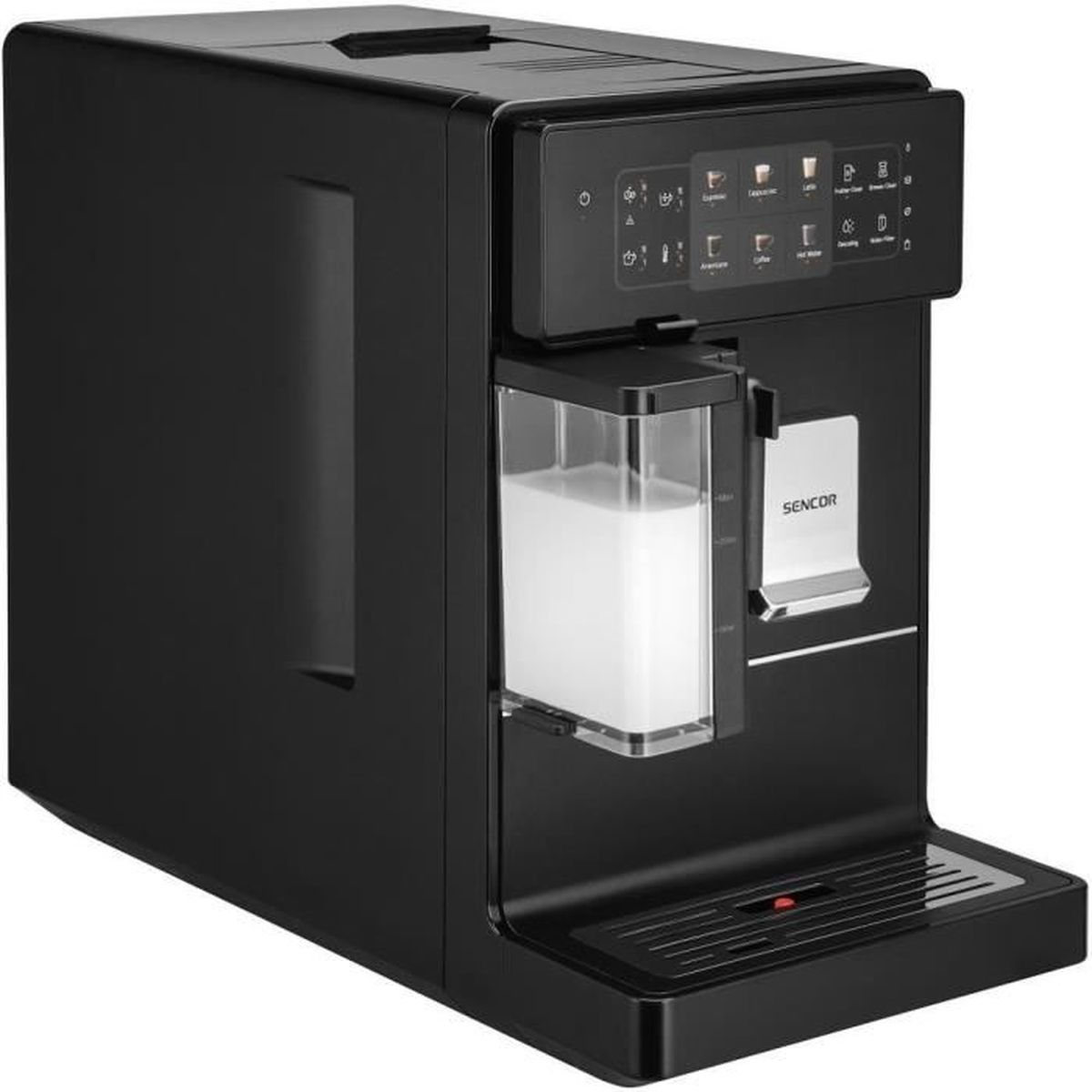 Moderna macchina da caffè Sencor nera con contenitore del latte integrato e pannello tattile su sfondo chiaro.