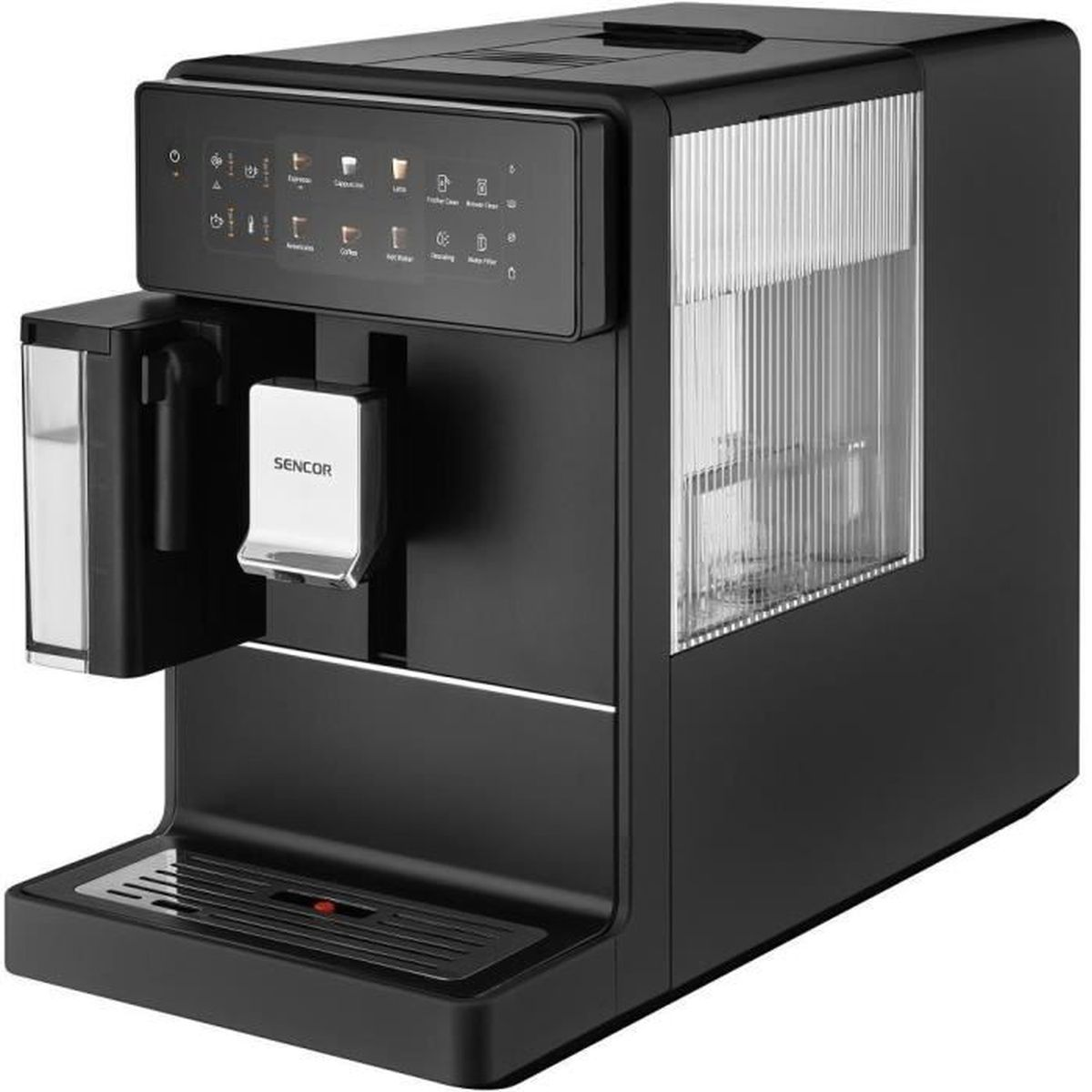 Moderna macchina da caffè Sencor nera con display touch digitale e serbatoio d'acqua trasparente.