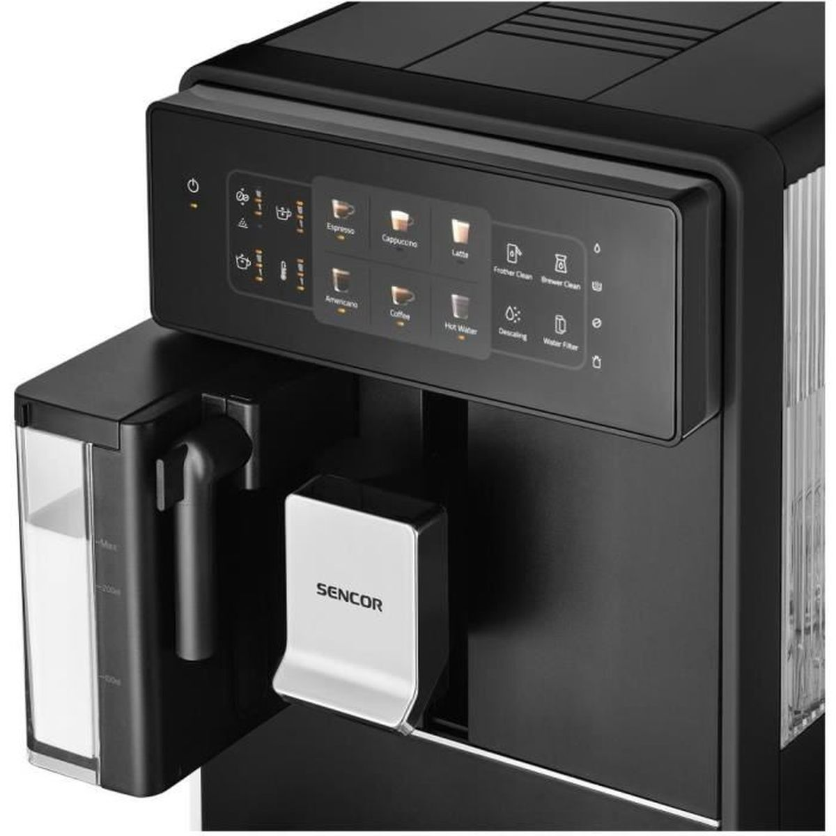 Macchina da caffè Sencor nera con pannello touch e contenitore per latte.