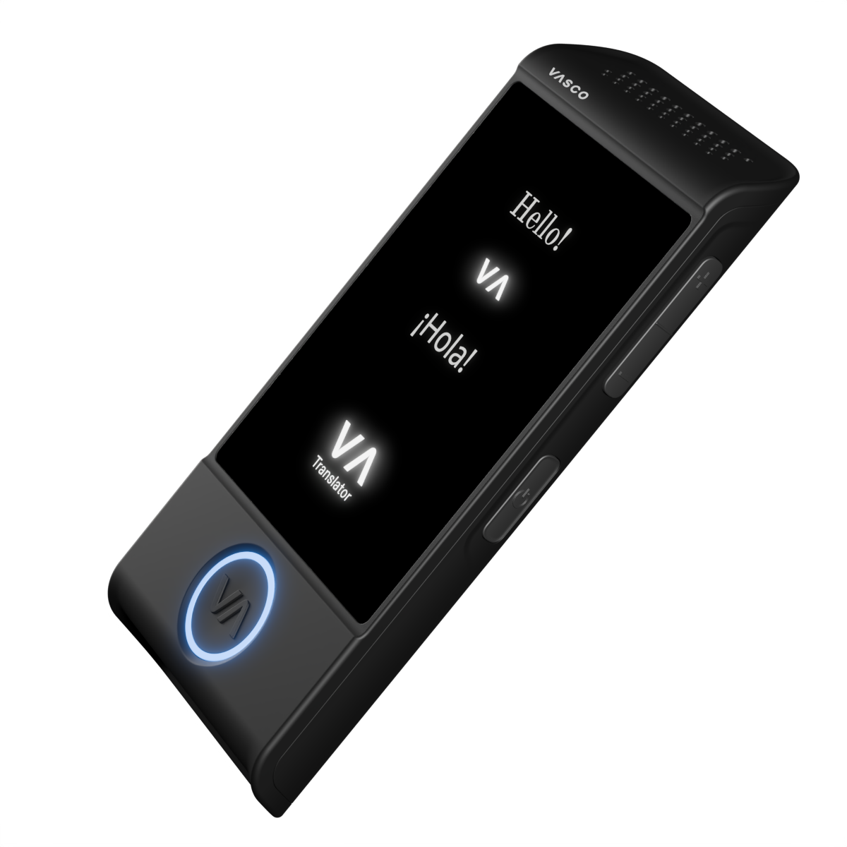 Un dispositivo traductor electrónico Vasco negro que muestra "Hello!" y "¡Hola!" en su pantalla.