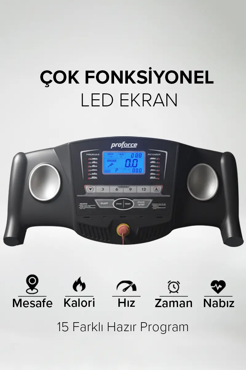 Mavi LED ekranlı, hoparlörlü ve kontrollü siyah koşu bandı konsolu. Türkçe metin özellikleri tanıtmaktadır.