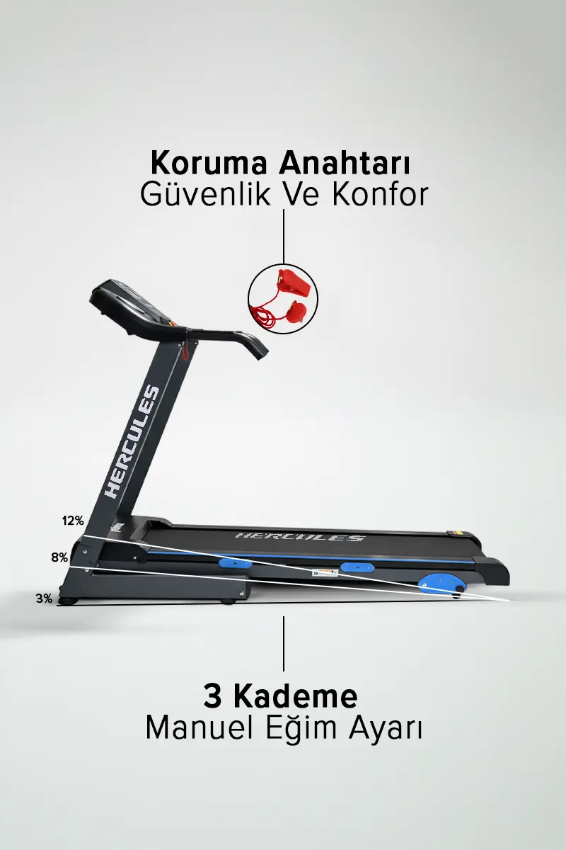 Emniyet anahtarlı ve üç kademeli manuel eğim ayarlı koşu bandı.