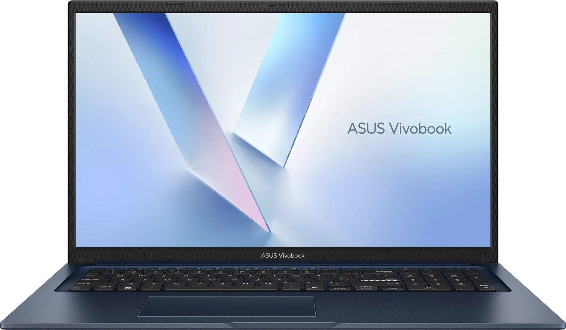 Widok z przodu niebieskiego laptopa ASUS Vivobook z włączonym ekranem.