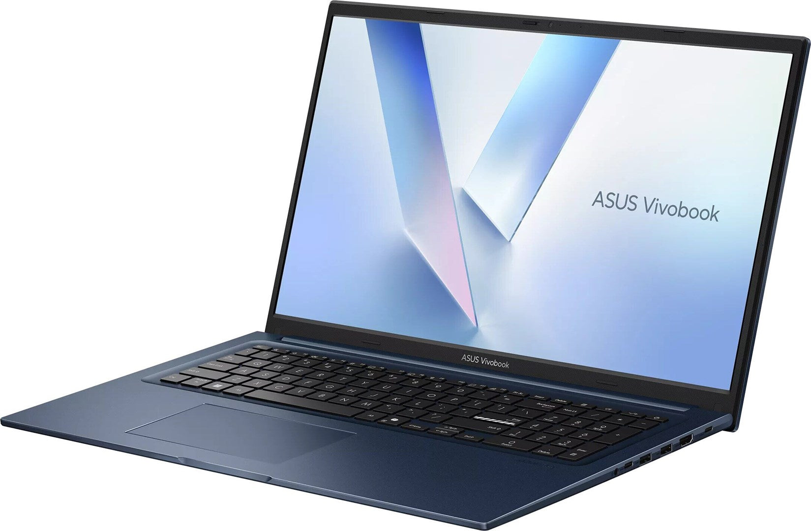 Niebieski laptop ASUS Vivobook z otwartym ekranem i abtrakcyjnym tłem.