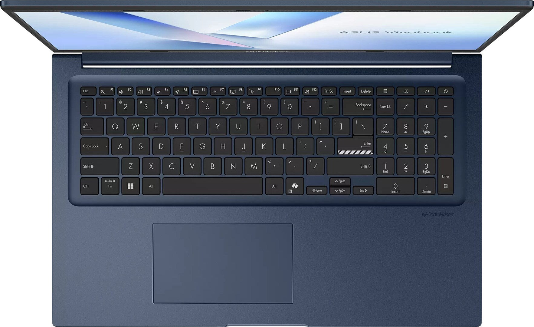 Widok z góry na ciemnoniebieski laptop ASUS z klawiaturą numeryczną, podświetlanym ekranem i panelem.
