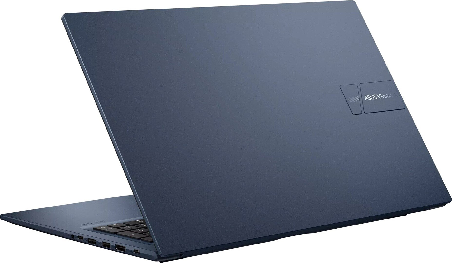 Niebieski laptop ASUS Vivobook w pozycji półotwartej na białym tle.