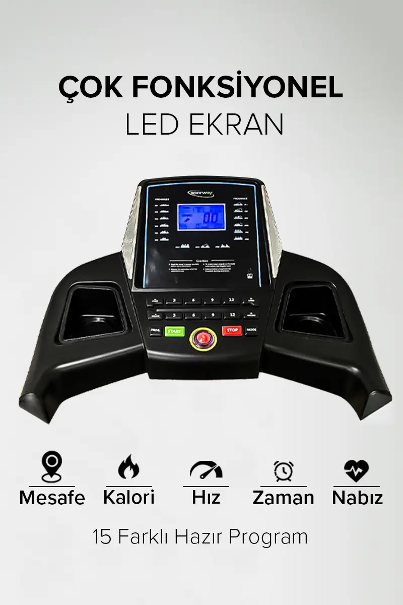 LED ekranlı ve tuşlu koşu bandı konsolu.