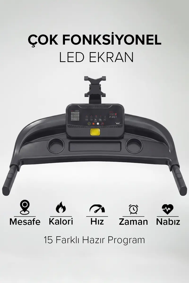 LED ekranlı, bardaklıklı ve mesafe, kalori, hız, zaman, nabız simgeleri olan koşu bandı konsolu.