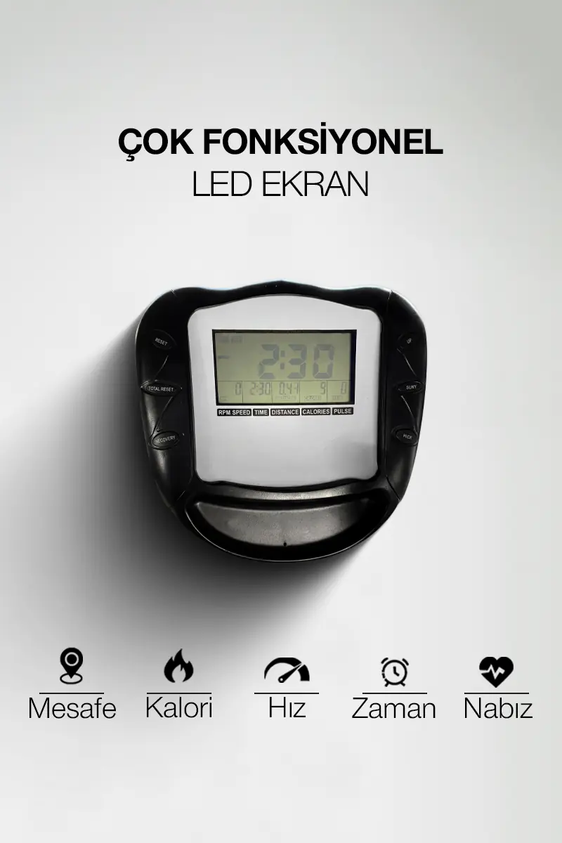 Üstte metin ve altta mesafe, kalori, hız, zaman ve nabız simgeleri olan siyah LED fitness monitörü.