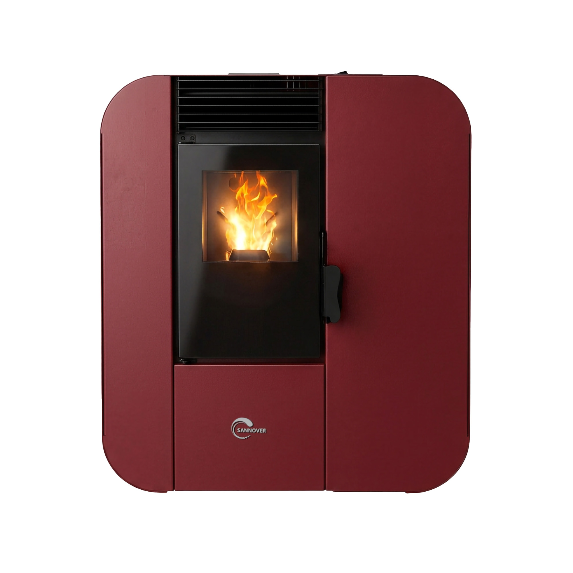 Una estufa de pellets roja con puerta de cristal y fuego brillante dentro.
