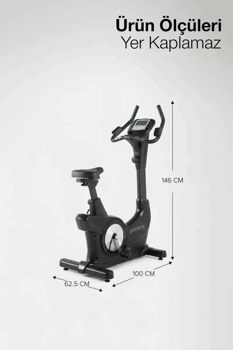Gri arka planda 146 cm yükseklik, 100 cm uzunluk ve 62,5 cm genişlik ölçülerine sahip siyah kondisyon bisikleti.
