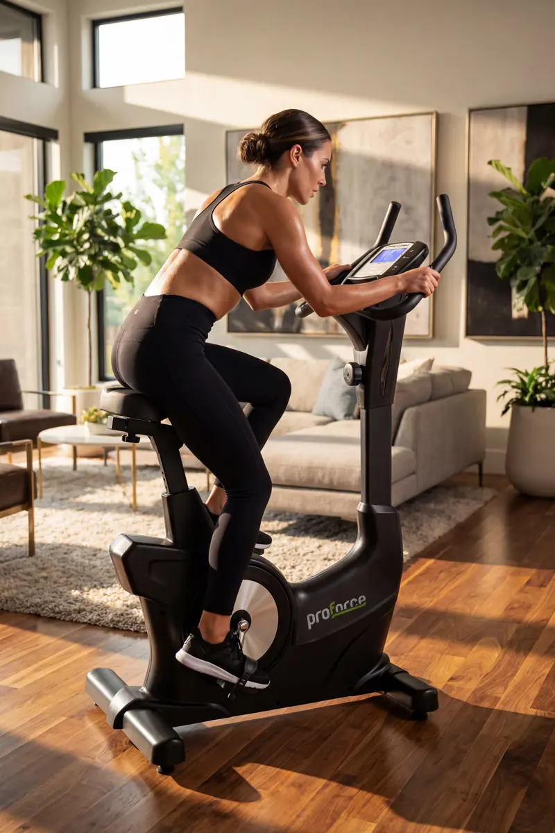 Spor kıyafetli bir kadın, aydınlık bir oturma odasında kondisyon bisikletiyle egzersiz yapıyor.