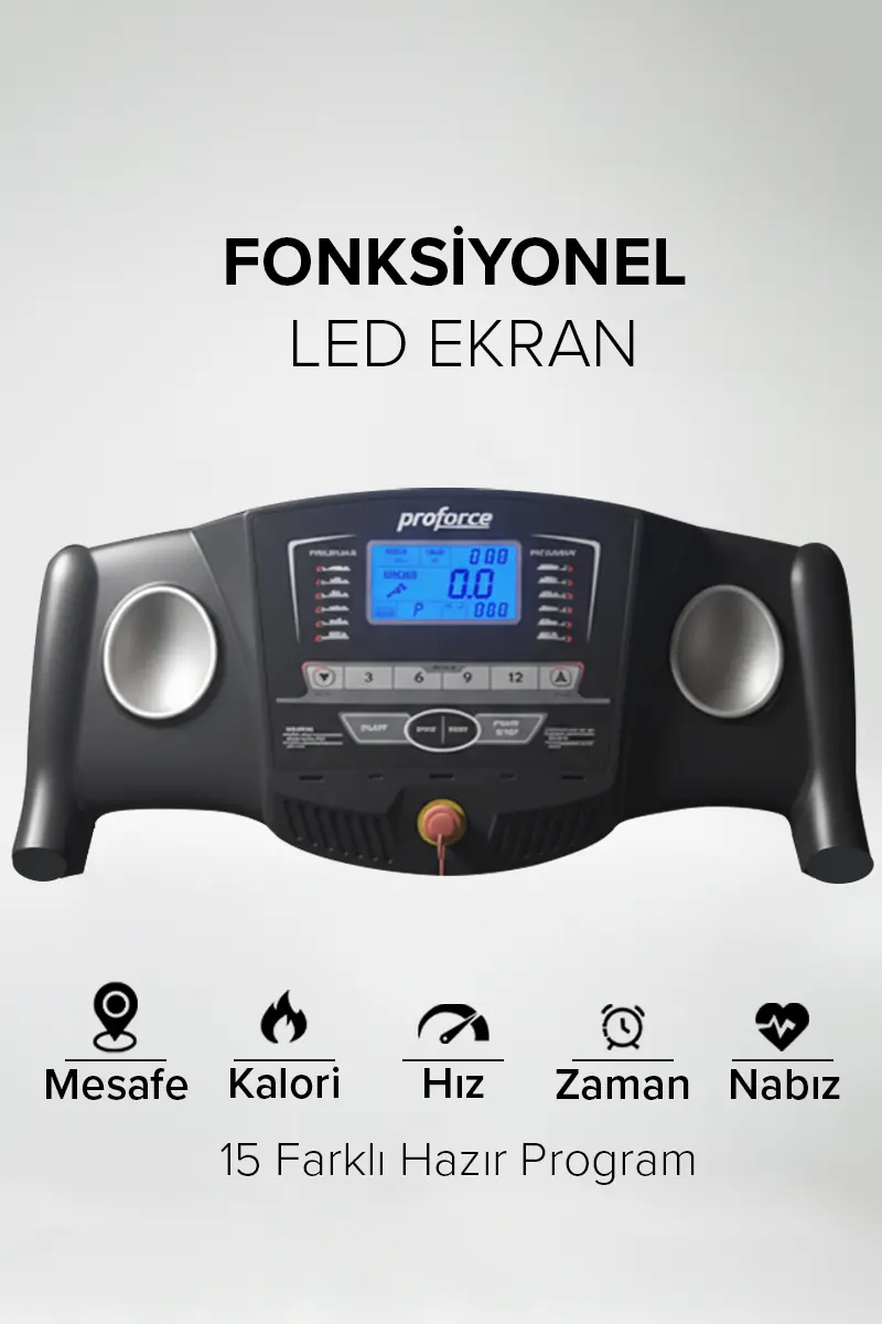 Beyaz arka plan üzerinde mavi LCD ekran, düğmeler ve tutma yerleri olan koşu bandı konsolu.