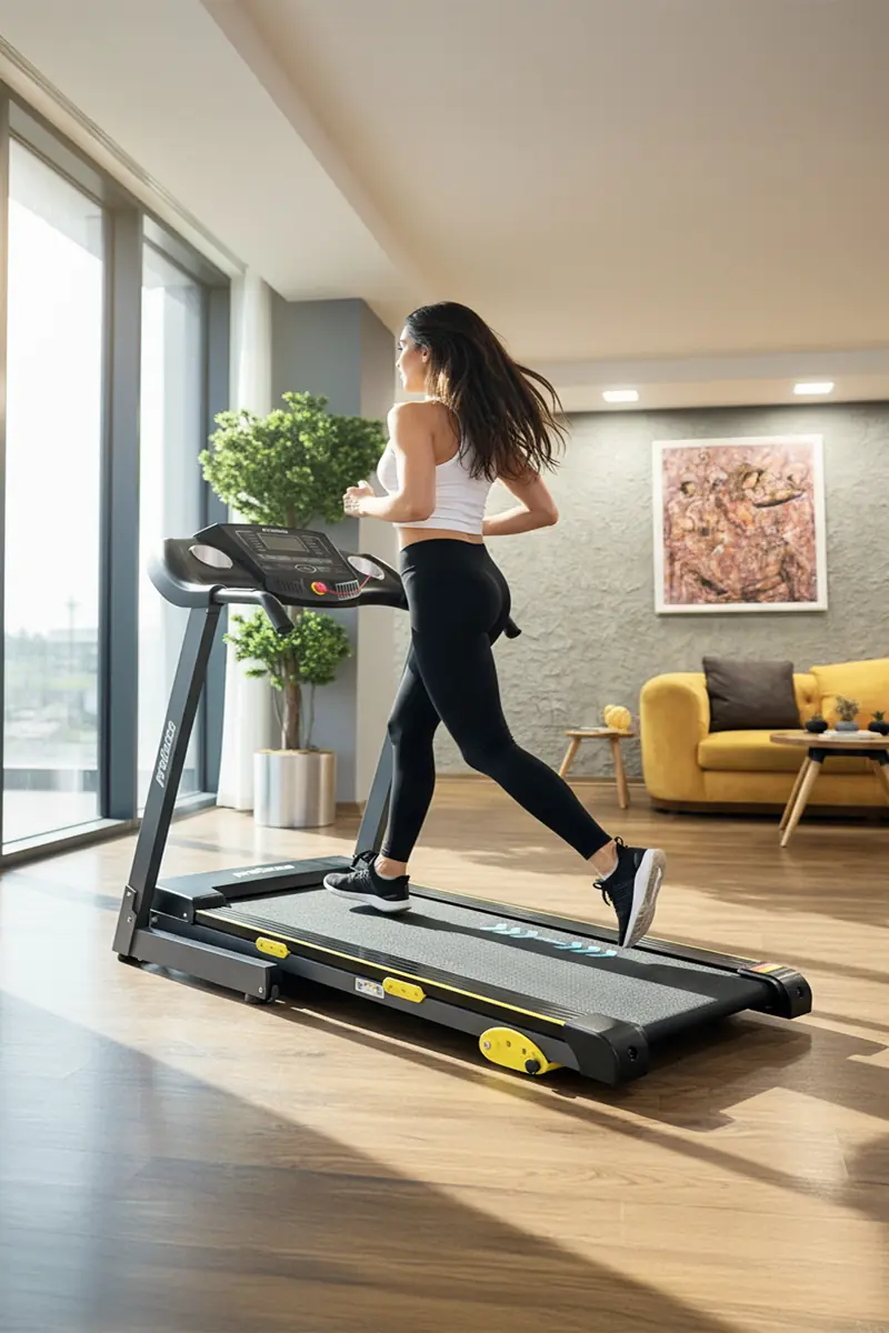 Spor kıyafetli bir kadın, sarı kanepeli modern ve güneşli bir oturma odasındaki koşu bandında koşuyor.