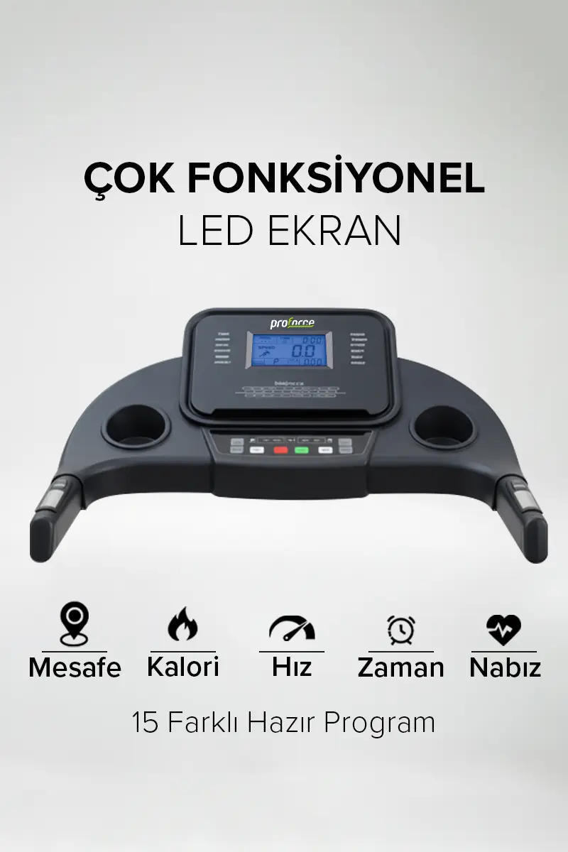 Açık gri arka planda mavi LED ekranlı ve kontrol tuşlu siyah koşu bandı konsolu.