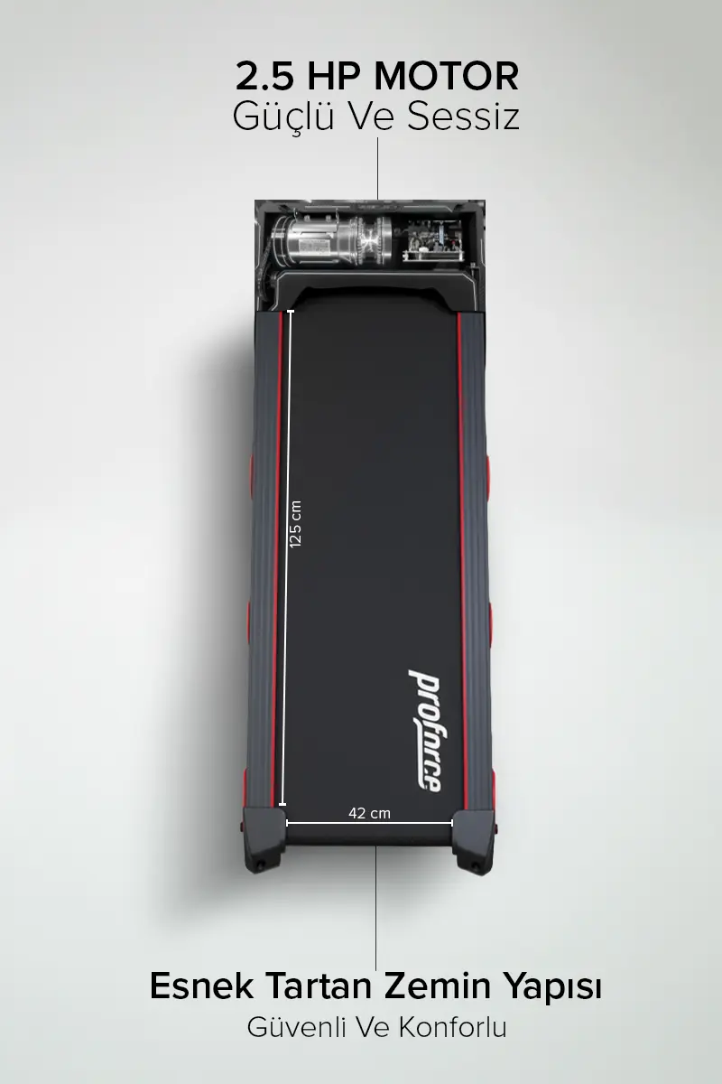 2.5 HP motorlu, 125x42 cm yürüyüş alanlı ve esnek tartan zemin yapılı koşu bandı.