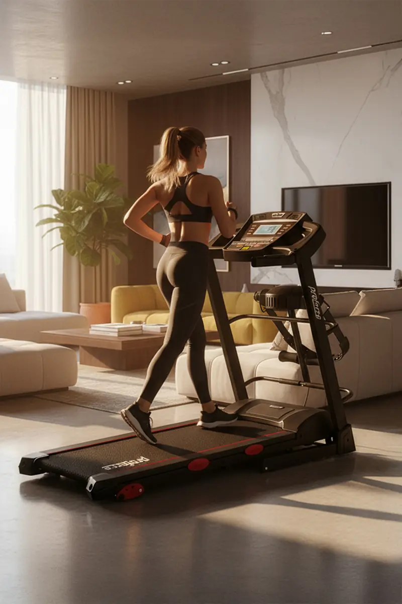 Spor kıyafetli bir kadın, kanepe ve bitkilerin olduğu modern bir oturma odasında koşu bandında yürüyor.
