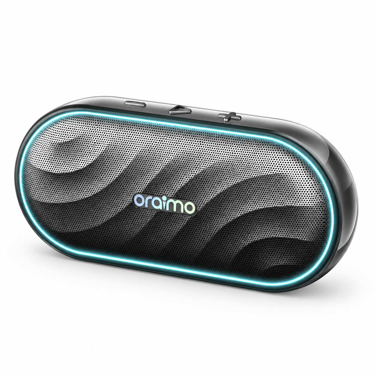 Beyaz arka plan üzerinde mavi LED aydınlatmalı ve gümüş ızgaralı siyah bir Oraimo Bluetooth hoparlör.