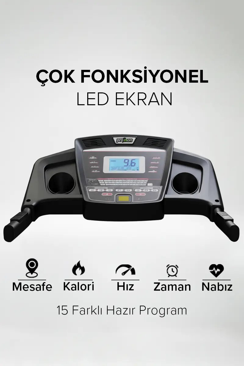 Mesafe, kalori, hız, zaman ve nabız simgeleri ile LED ekranlı koşu bandı konsolu.