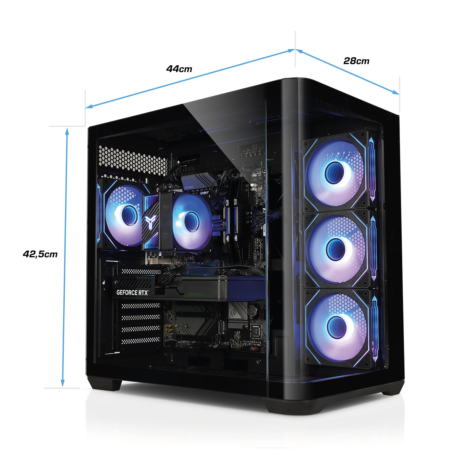 Ein schwarzes PC-Gehäuse mit blau leuchtenden Lüftern und Maßlinien mit 44cm, 28cm und 42,5cm.