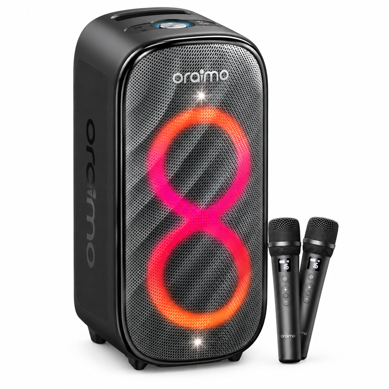 İki yanan kırmızı halkaya ve iki kablosuz mikrofona sahip siyah bir Oraimo Bluetooth hoparlör.