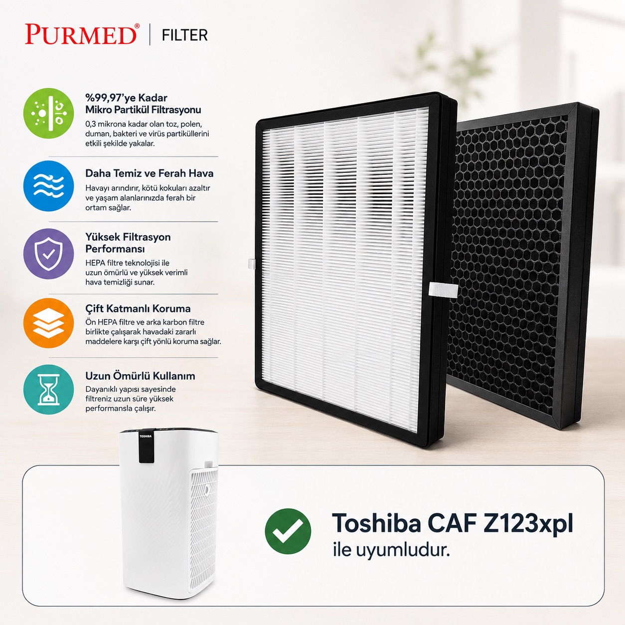 Toshiba CAF Z123xpl için HEPA ve karbon filtreli Purmed filtre ve metinler.