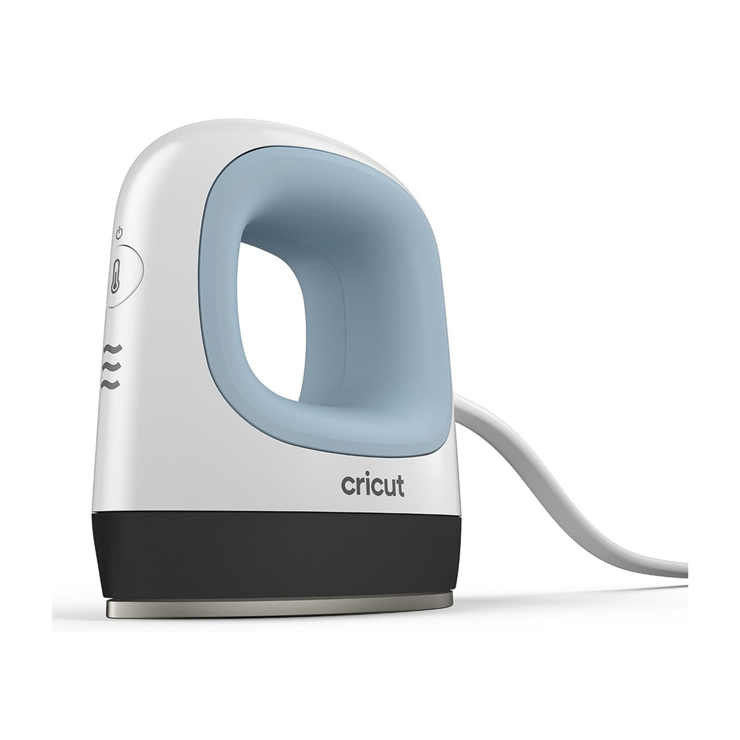 Una pequeña prensa térmica Cricut EasyPress Mini blanca y azul claro con cable de alimentación blanco sobre fondo blanco.