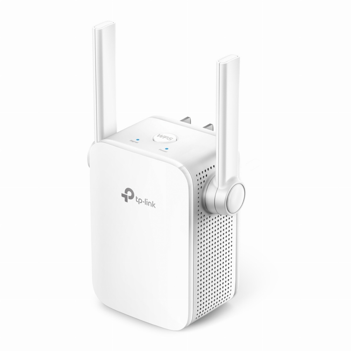 Un extensor de rango Wi-Fi TP-Link blanco con dos antenas ajustables sobre fondo blanco.