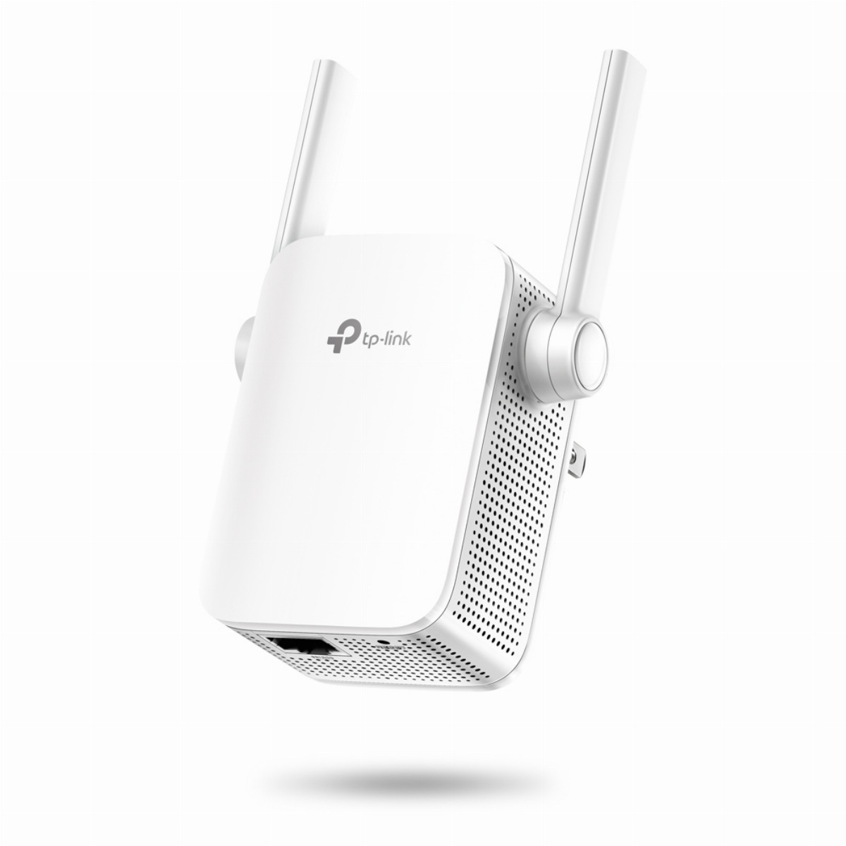 Un extensor de alcance Wi-Fi TP-Link blanco con dos antenas y un puerto Ethernet sobre fondo blanco.