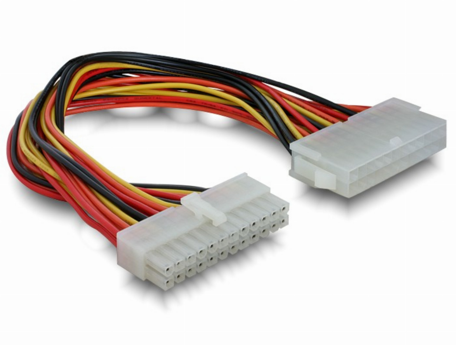 Cable de fuente de alimentación de computadora con conectores negros, amarillos y rojos.