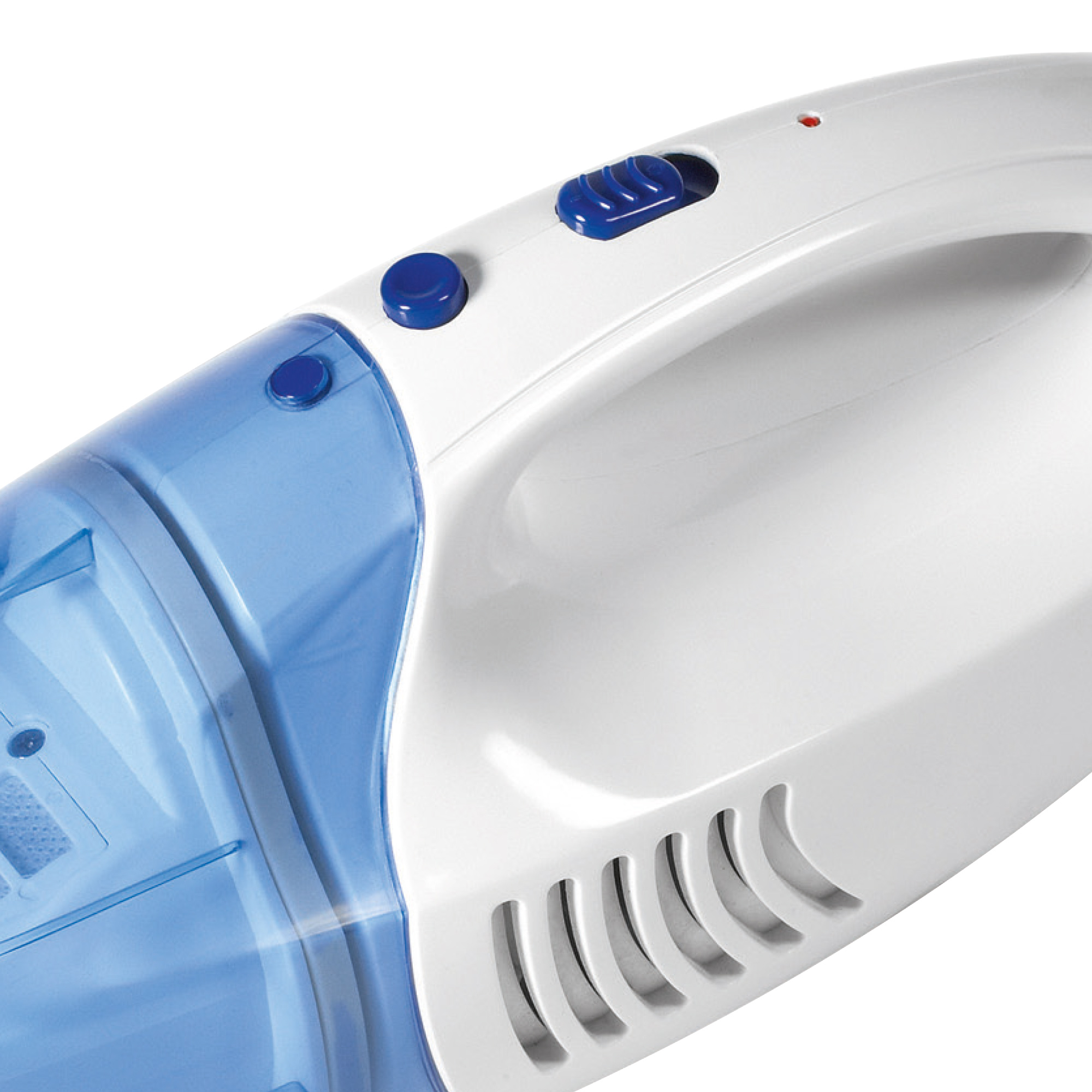 Primo piano di un aspirapolvere portatile bianco e blu con pulsanti blu e fessure di ventilazione.