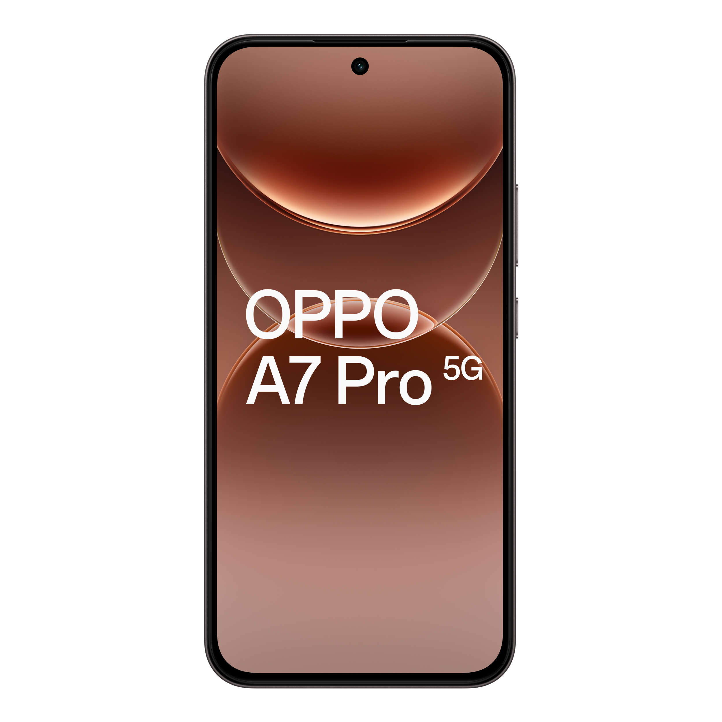 Vue de face du smartphone Oppo A7 Pro 5G sur un fond marron avec du texte blanc.
