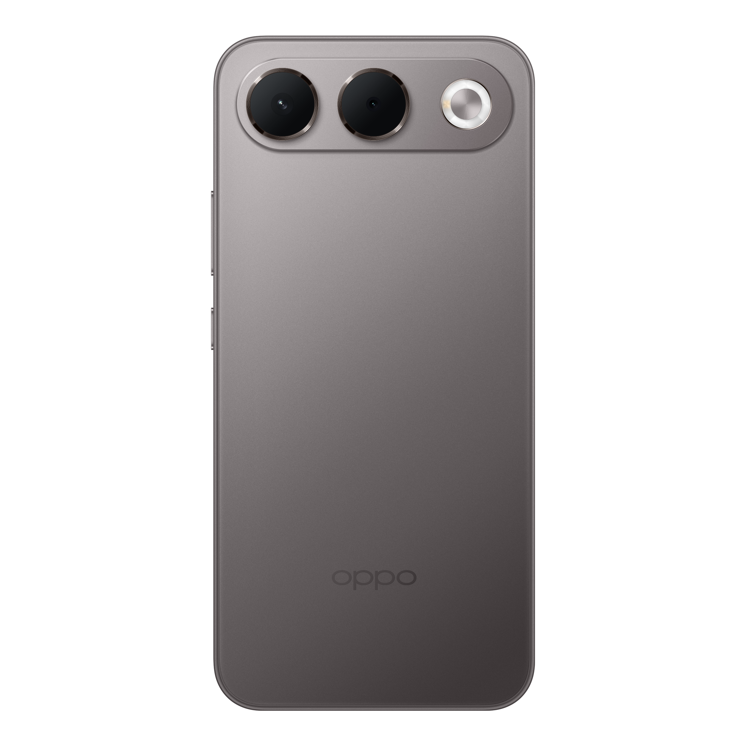 L'arrière d'un smartphone Oppo gris avec deux caméras et un flash en haut.