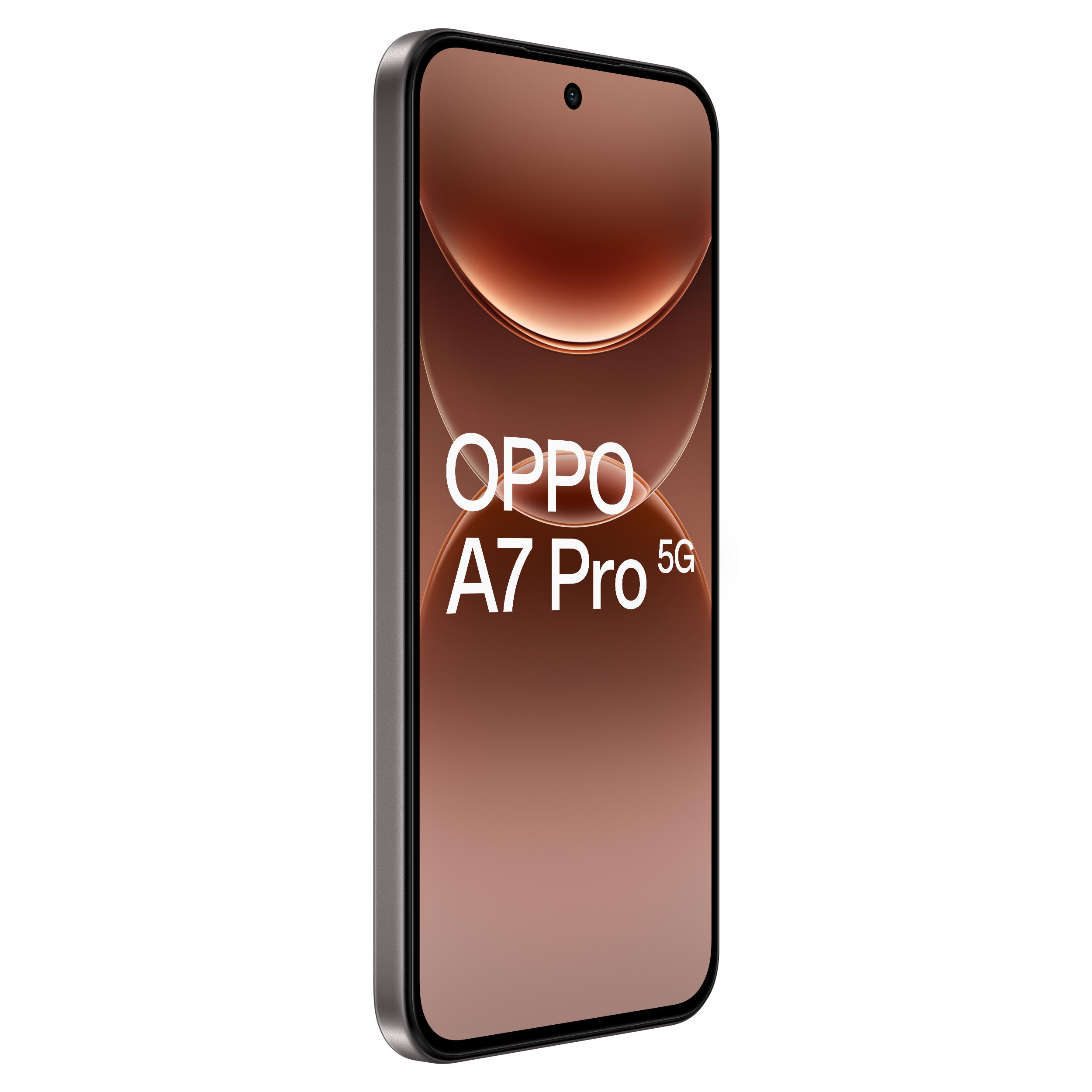 Vue de face d'un smartphone noir OPPO A7 Pro 5G affichant un fond d'écran couleur cuivre.