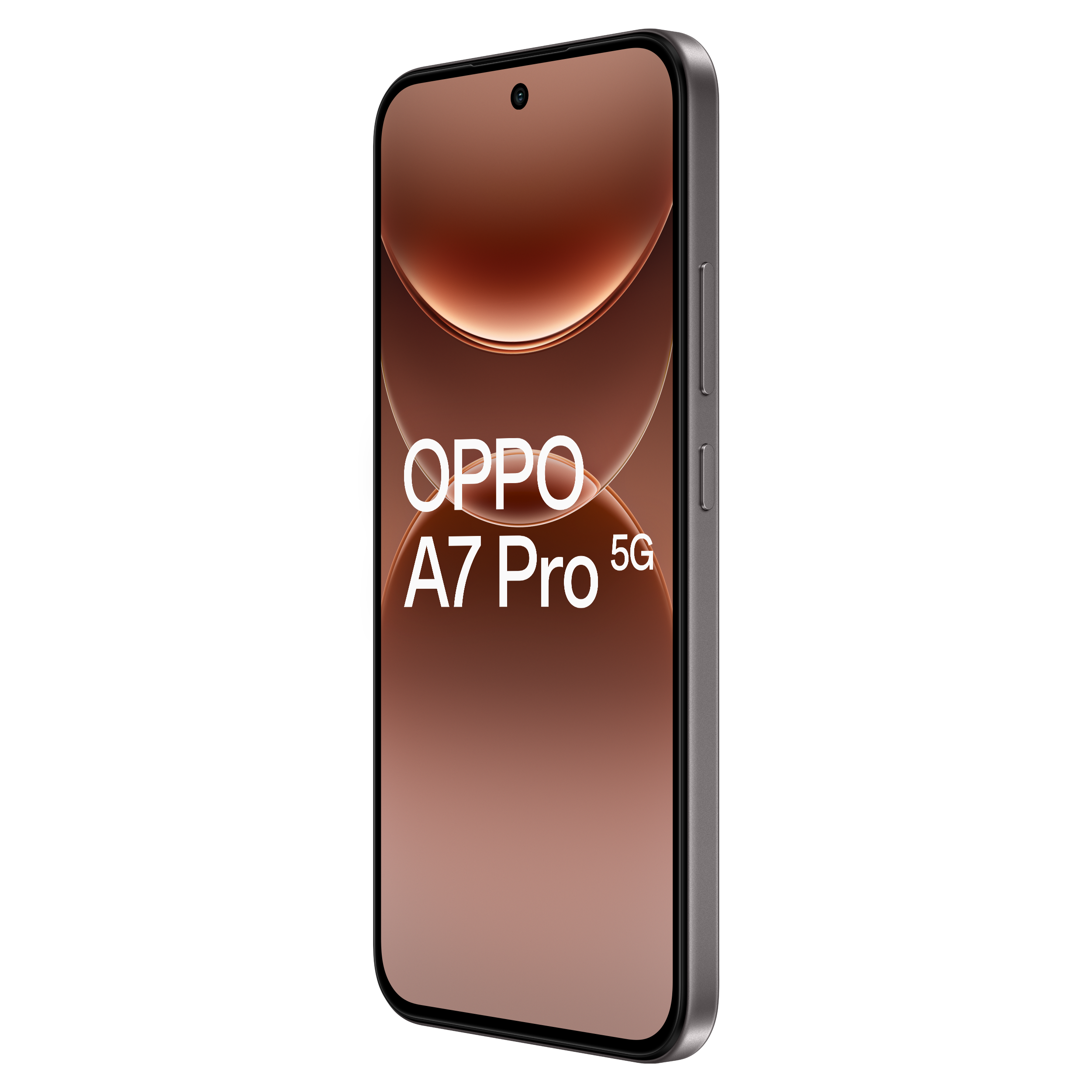 Un smartphone OPPO A7 Pro 5G gris affiché verticalement avec un écran marron.