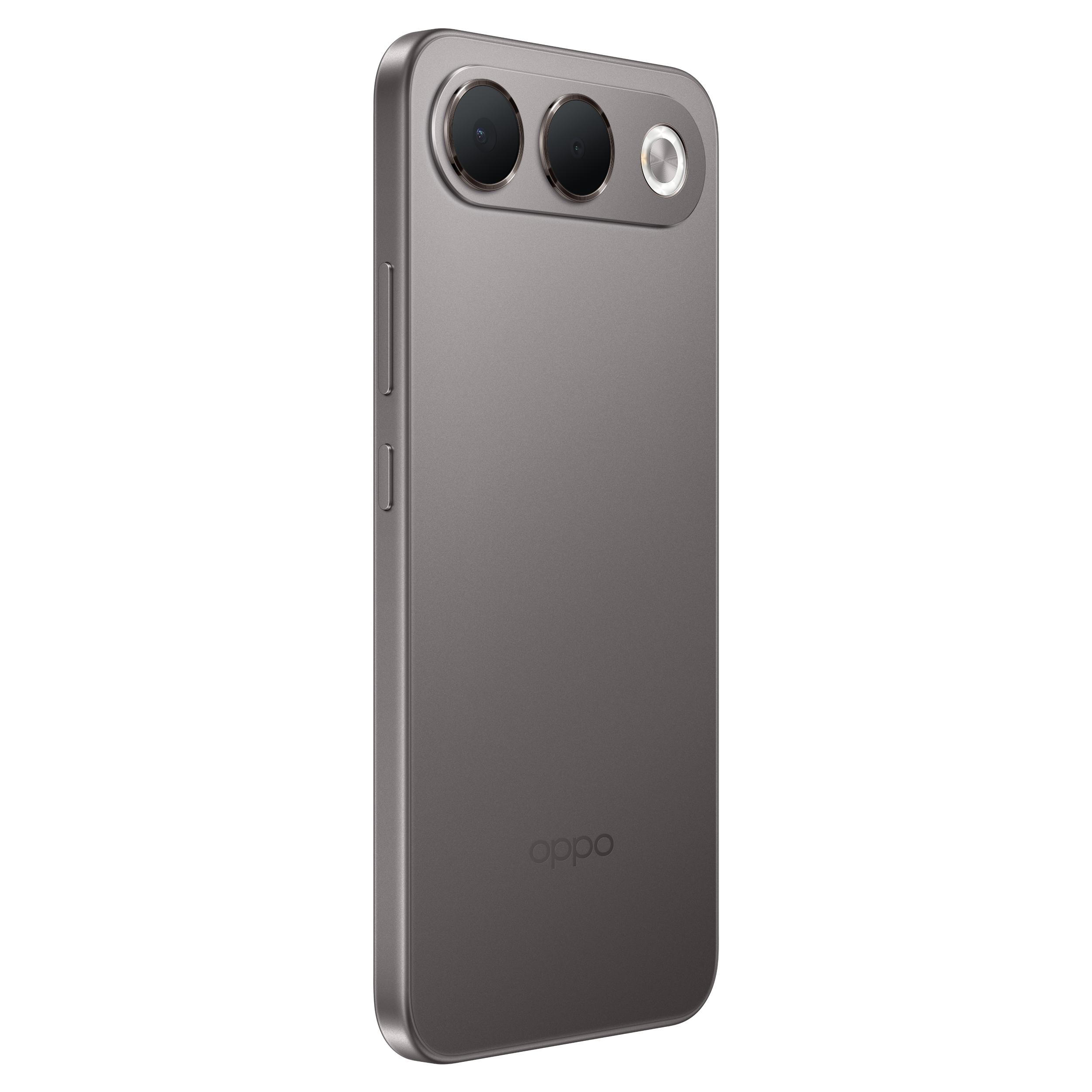 Dos d'un smartphone gris avec deux caméras, un flash et le logo Oppo.