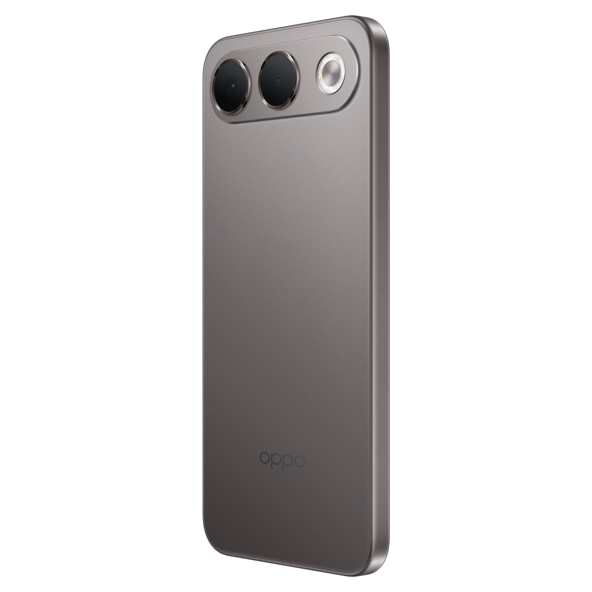 Arrière d'un smartphone Oppo gris avec deux objectifs et un flash en haut sur fond blanc.