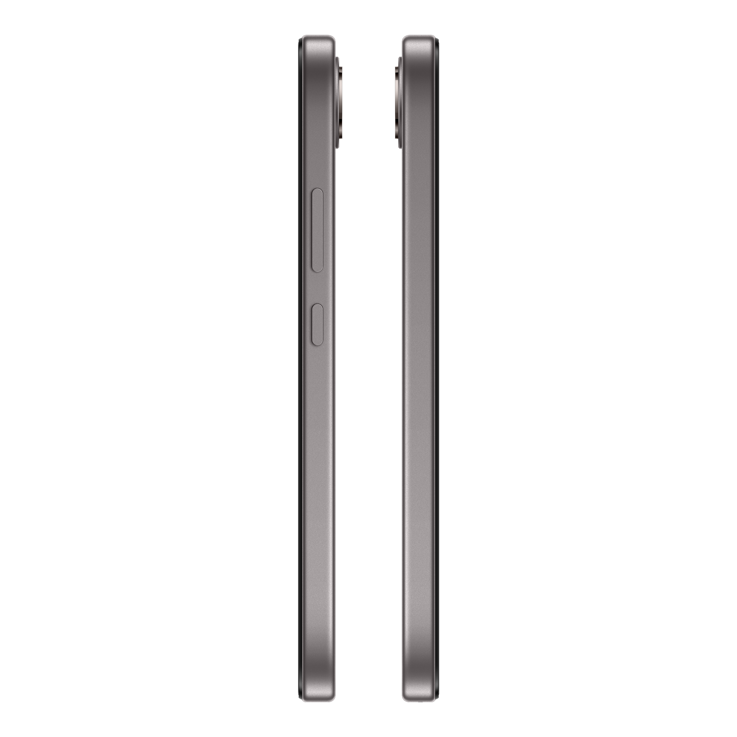 Vue latérale de deux smartphones gris avec des boutons sur un côté et des objectifs de caméra à l'arrière.
