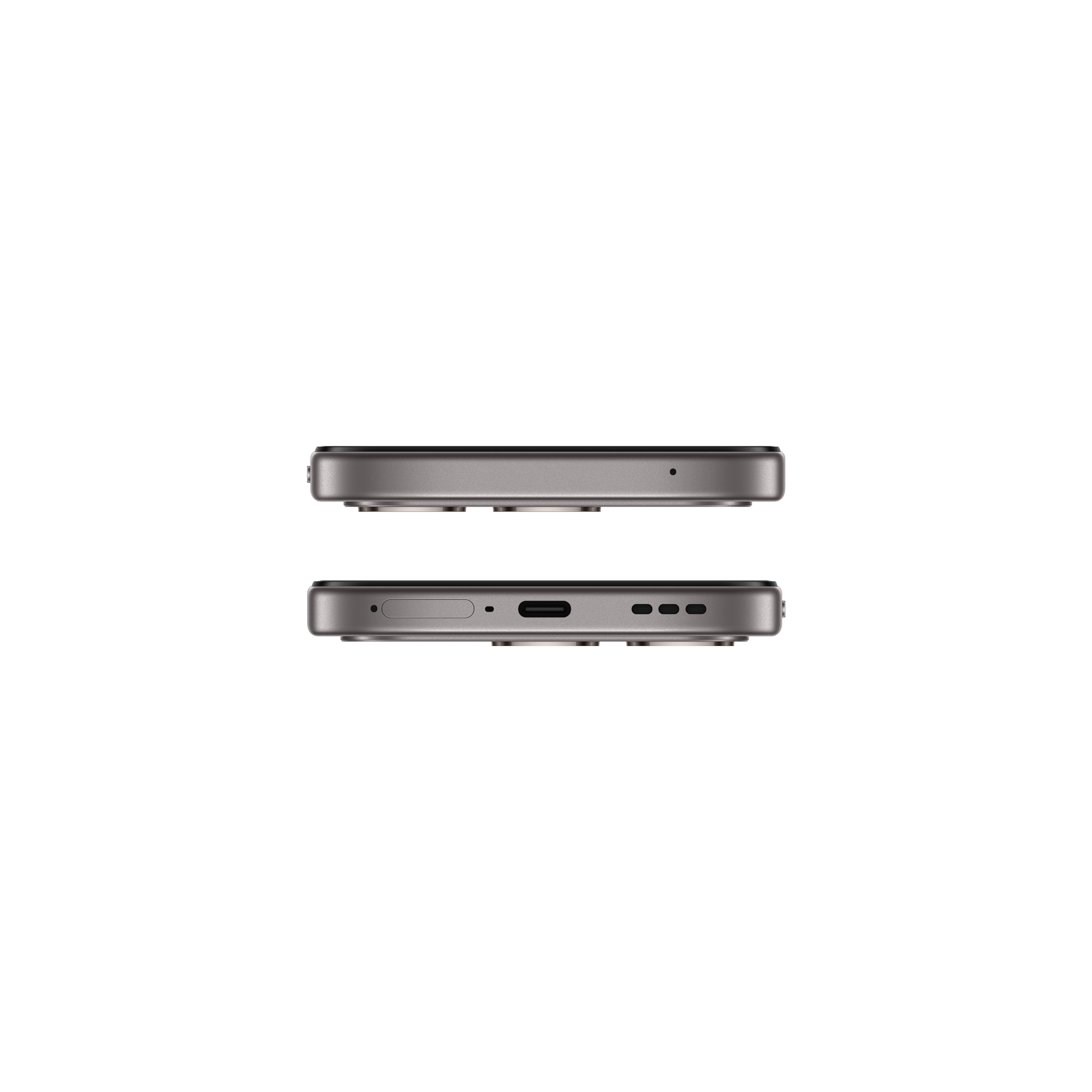 Vues supérieure et inférieure d'un smartphone gris avec ports.
