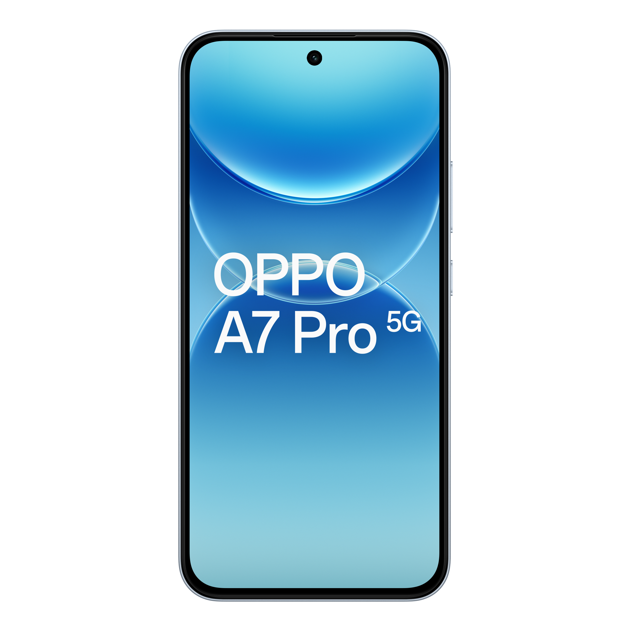 Smartphone Oppo A7 Pro 5G affichant un écran bleu sur fond blanc.