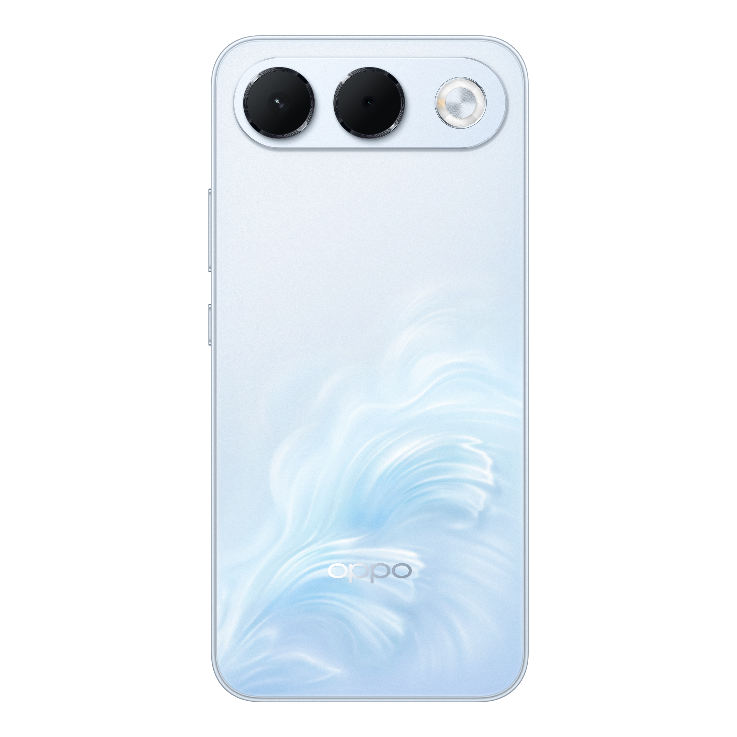 Dos d'un smartphone Oppo bleu clair avec double appareil photo et motif abstrait.